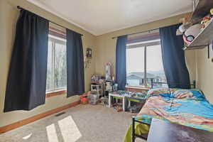 Carpeted bedroom featuring baseboards