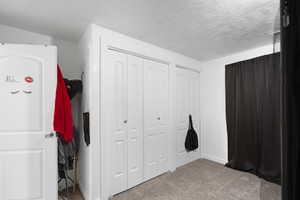 Bedroom featuring light colored carpet and a textured ceiling