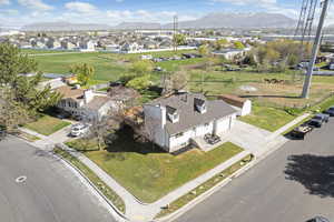 Aerial perspective of suburban area with mountains