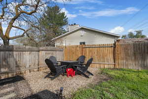 Fenced backyard with an outdoor fire pit