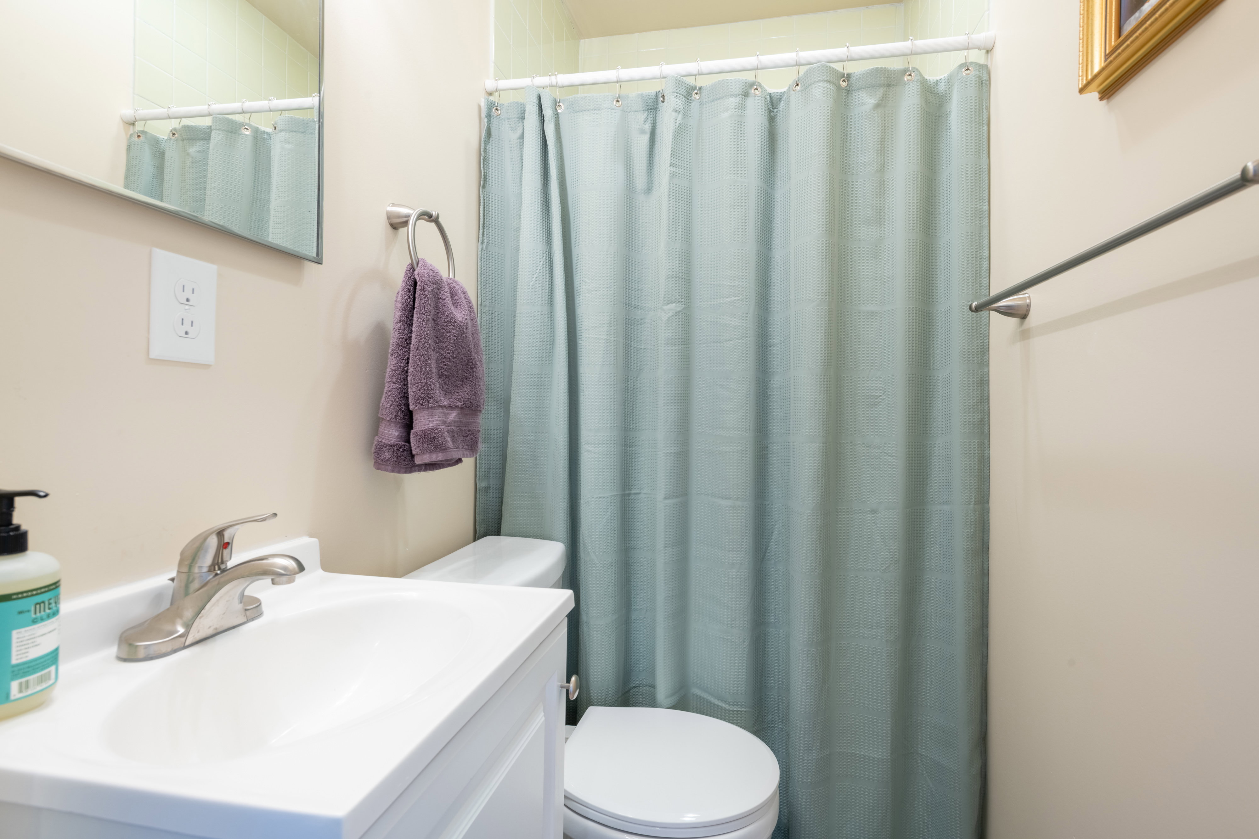 Bathroom featuring a shower with curtain and vanity