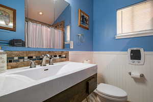 Bathroom with a wainscoted wall, a shower with shower curtain, vanity, heating unit, and vaulted ceiling