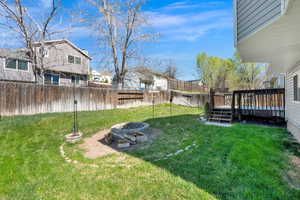 Fenced backyard with an outdoor fire pit, a wooden deck, and a residential view