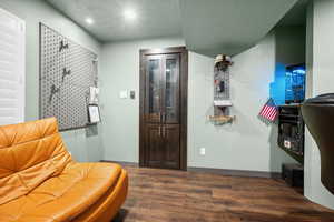 Living area featuring dark wood-style floors, a textured ceiling, and recessed lighting