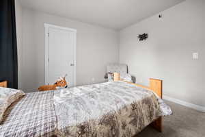 Bedroom featuring carpet floors and baseboards