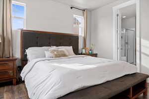 Bedroom with dark wood-style floors and ensuite bathroom