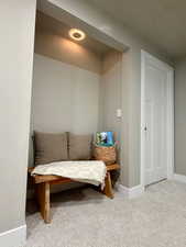 Sitting room featuring light carpet and baseboards