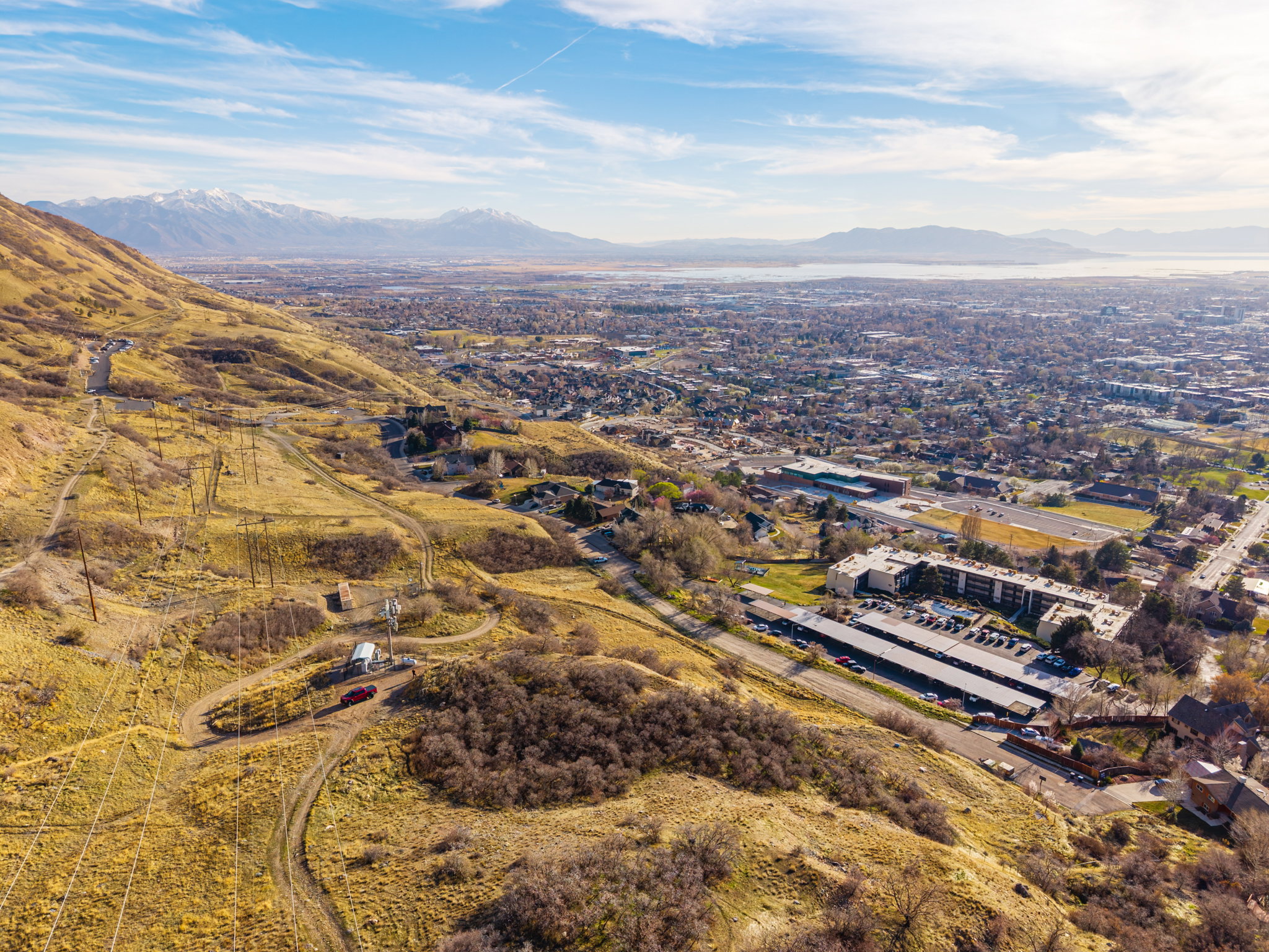 Bird's eye view of a mountainous background