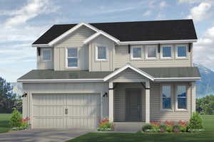 View of front of property featuring board and batten siding, driveway, an attached garage. Photo is a rendering. Finishes may  vary.