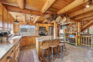 Kitchen featuring a kitchen breakfast bar, a kitchen island, stainless steel appliances, a wooden ceiling with exposed beams, and decorative backsplash