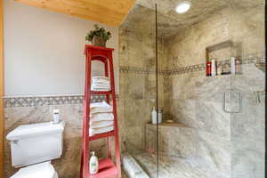 Full bathroom with a stall shower, tile walls, and a wainscoted wall