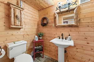 Half bath featuring wooden walls and wood ceiling