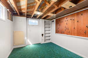 Basement with baseboards and carpet floors