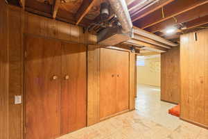 Below grade area featuring light floors and wood walls