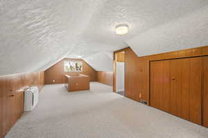 Additional living space with carpet, wood walls, heating unit, and a textured ceiling