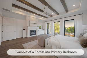 Bedroom featuring wood finished floors, beamed ceiling, recessed lighting, and a fireplace