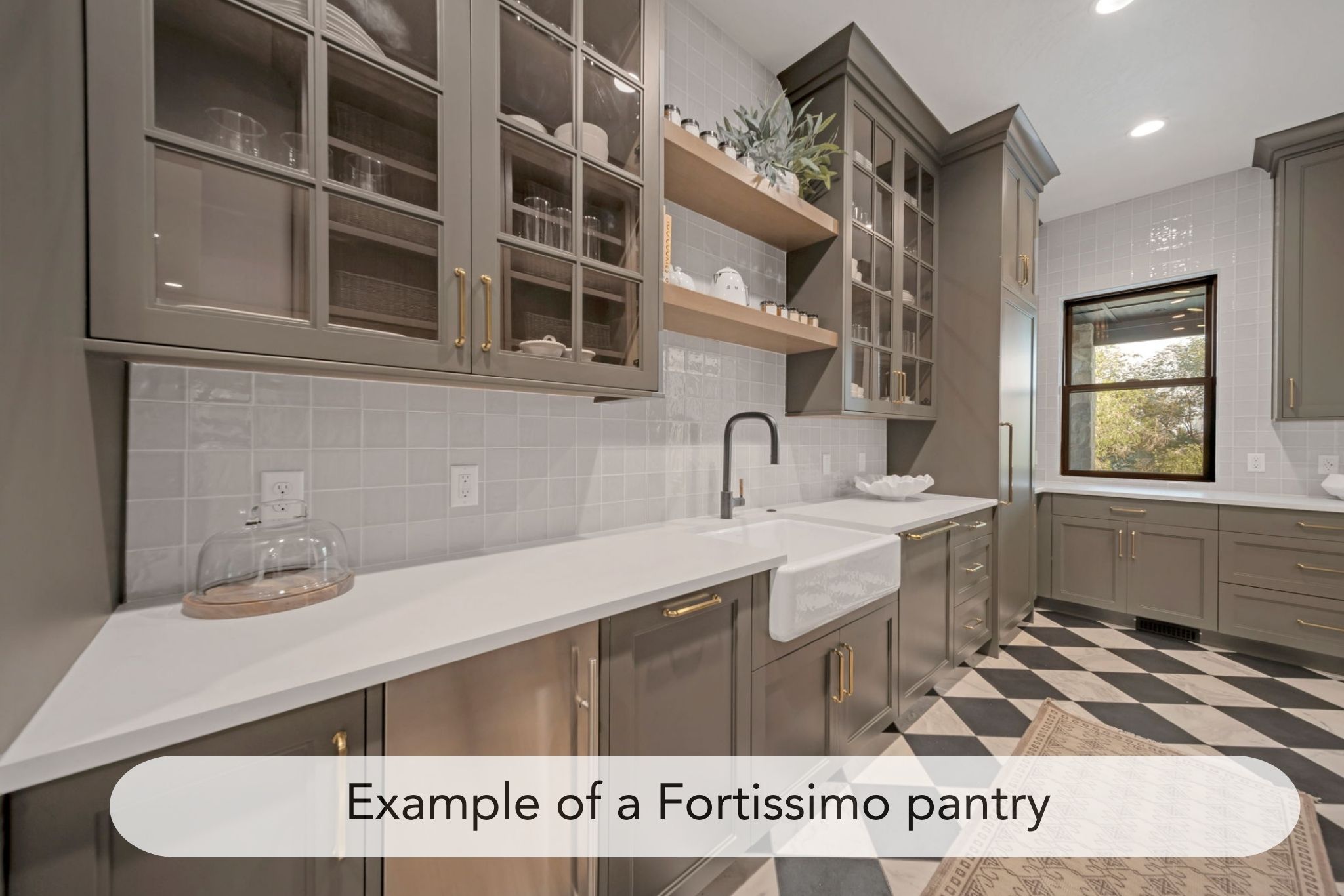 Kitchen with glass fronted cabinets, gray cabinetry, tasteful backsplash, recessed lighting, and open shelves