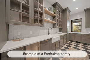 Kitchen with glass fronted cabinets, gray cabinetry, tasteful backsplash, recessed lighting, and open shelves