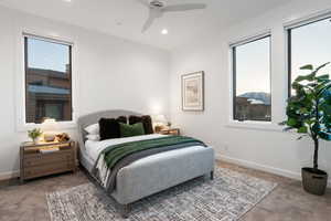 Bedroom featuring carpet, recessed lighting, and a ceiling fan