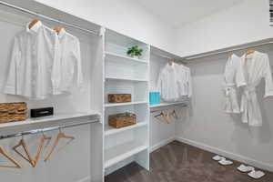 Walk in closet with dark carpet