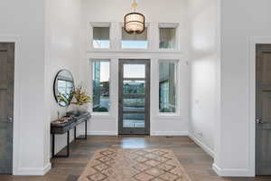 Entryway with dark wood finished floors and a high ceiling