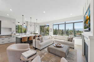 Living room featuring light wood-type flooring, recessed lighting, and a fireplace