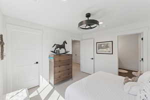 Bedroom featuring light colored carpet