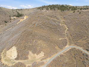 Aerial view of sparsely populated area with a desert landscape