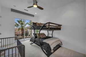 Bedroom with carpet flooring, ceiling fan, access to outside, and recessed lighting