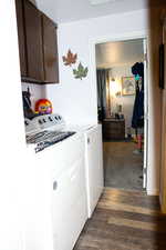 Laundry area featuring cabinet space, washing machine and clothes dryer, dark wood-style flooring, and dark colored carpet