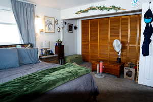 Carpeted master bedroom featuring a large closet