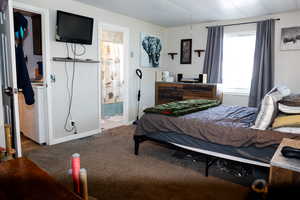 Bedroom with carpet floors and master bathroom