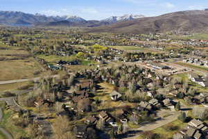 Aerial view of residential area with mountains