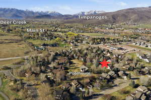 Aerial view of property and surrounding area with nearby suburban area and a mountainous background