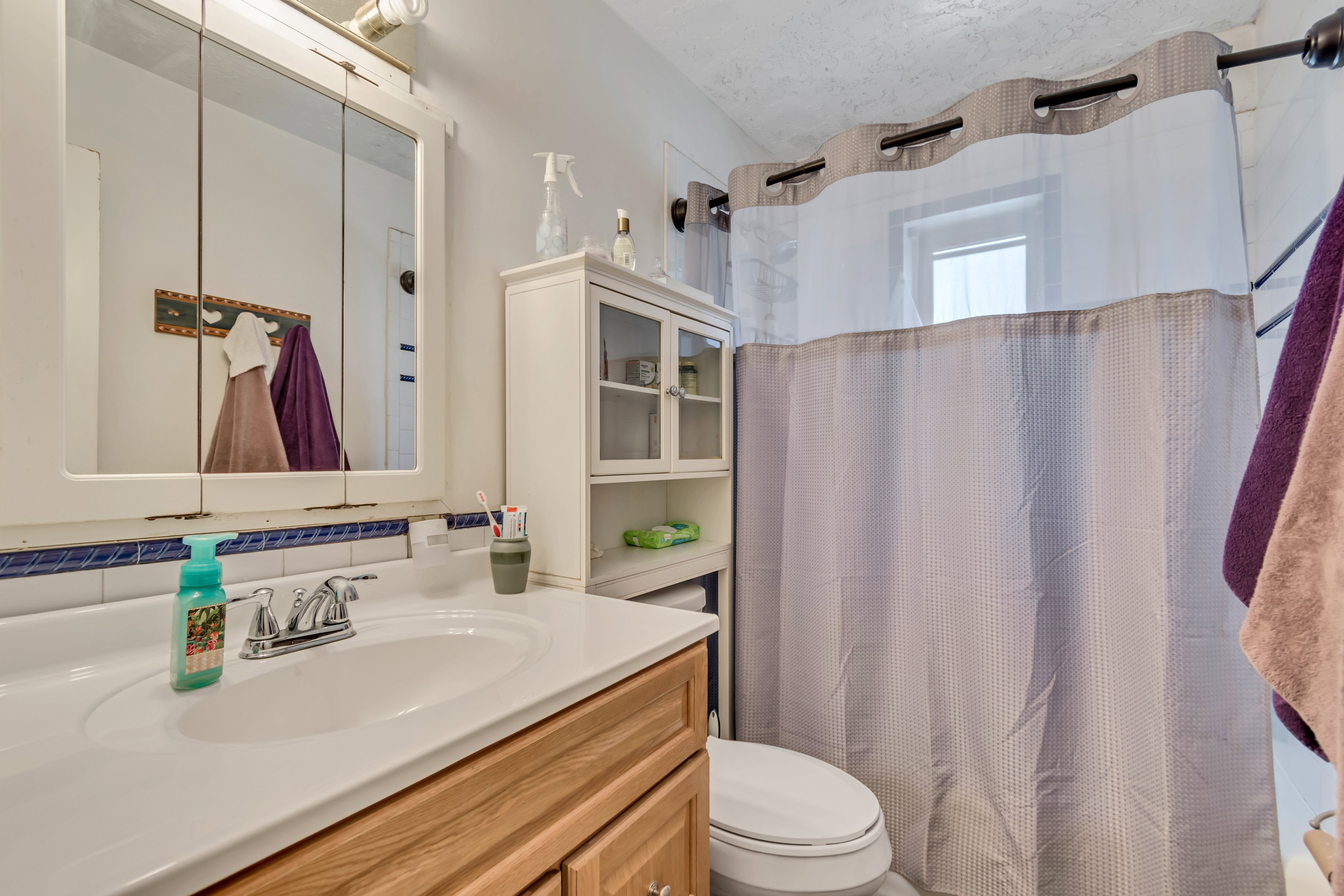 Bathroom with vanity and curtained shower