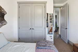 Bedroom with a closet and dark colored carpet