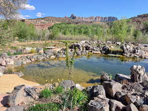 Water view featuring mountains and a small pond