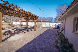 Fenced backyard featuring a pergola and a patio