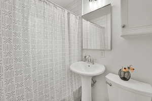 Full bathroom with toilet and curtained shower