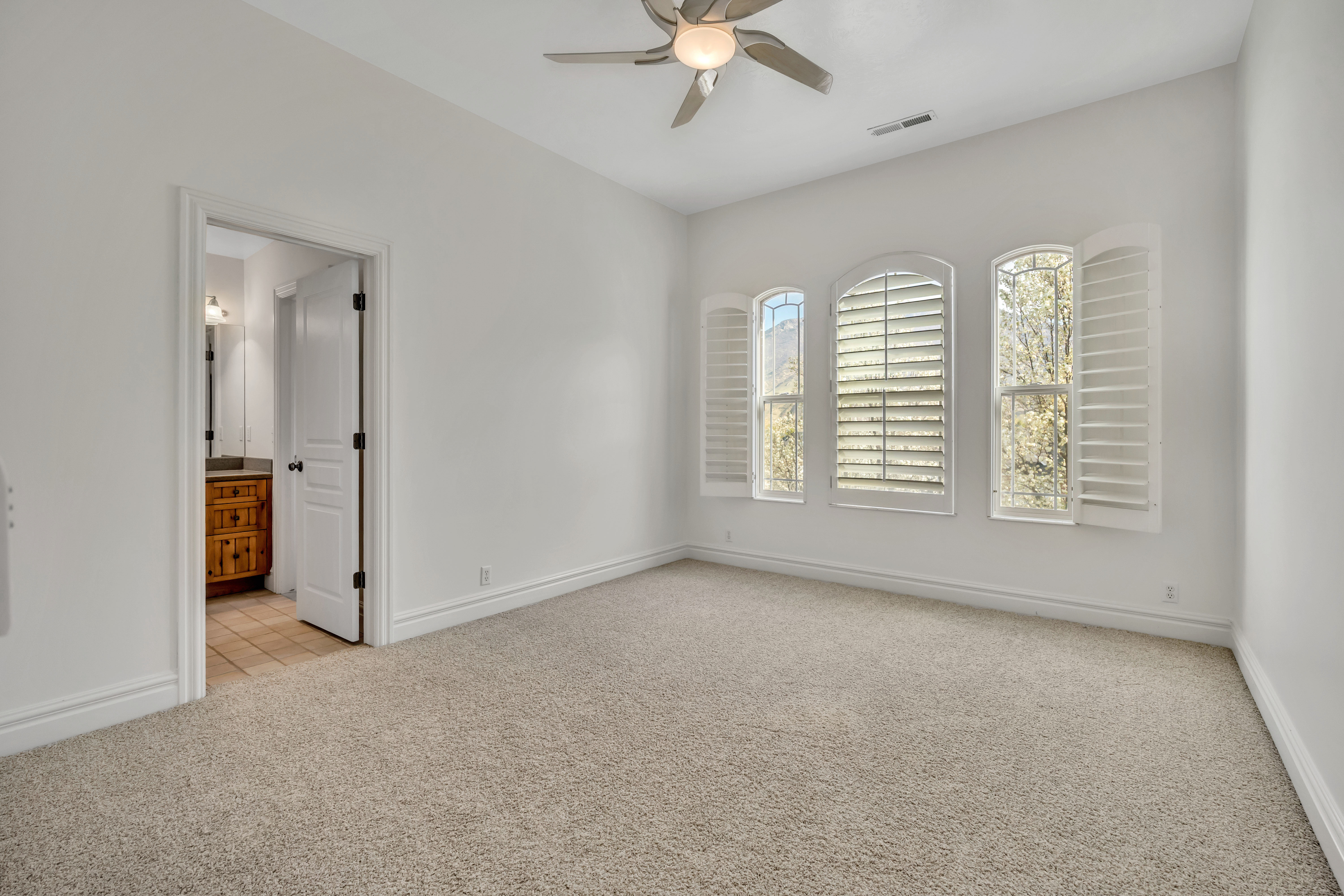 Spare room with light carpet and ceiling fan