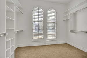 Walk in closet featuring light carpet