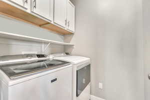 Laundry area with cabinet space and independent washer and dryer