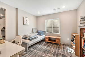 Office featuring recessed lighting and dark carpet