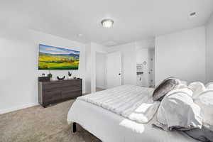 Bedroom with carpet floors and baseboards