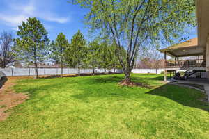 Fenced backyard with stairs