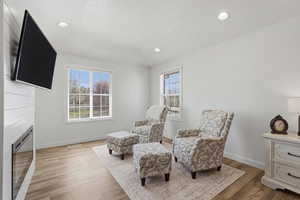 Living area with a fireplace, light wood-style flooring, and recessed lighting