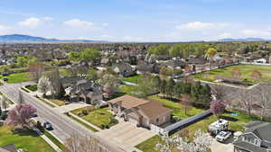 Aerial perspective of suburban area featuring mountains