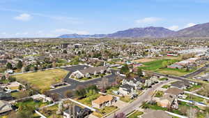 Aerial perspective of suburban area with mountains