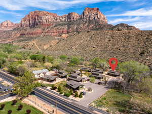 Aerial view of residential area with mountains