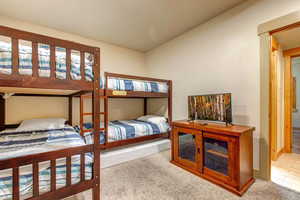 Bedroom with light colored carpet